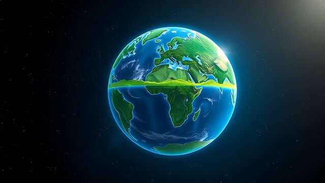 Abstract globe illustration with lush vegetation, floating in a starry cosmic background.