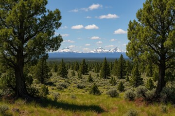 Springtime panorama from a high desert ridge with juniper trees overlooking the vista west of Redmond