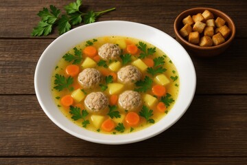 Comforting homemade broth with meatballs, root vegetables, and fresh herbs, presented on rustic wood with crispy croutons and room for personalization.