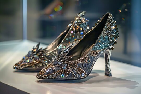 Elegant jeweled high heels shimmering under spotlight, showcasing intricate craftsmanship and luxurious design