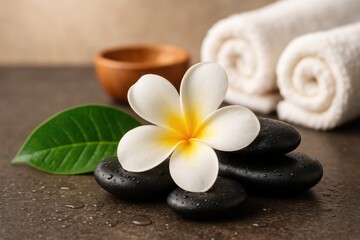 Relaxing spa scene featuring fragrant flowers, massage stones, and dewy water droplets in a wellness retreat