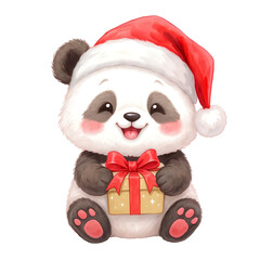 Sweet Baby Panda Dressed as Santa Claus Holding a Christmas Gift