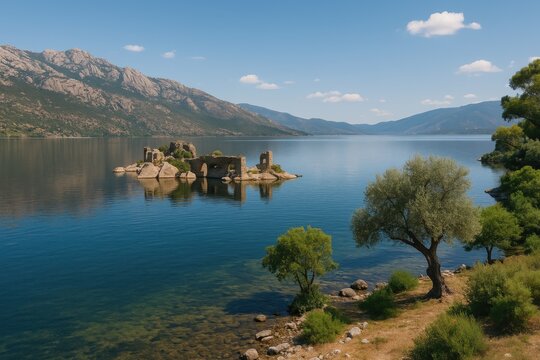 Discovering the natural beauty of a serene lake surrounded by historic ruins and vibrant fishery activities in a picturesque region