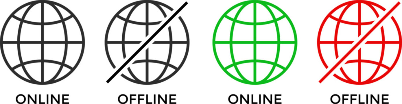 Online and Offline Internet Connection Icon set. network connection problem warning. Globe icon with no signal and good signal sign symbol
