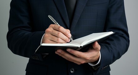 This image shows a person in a dark suit writing in a black notebook with a silver pen, suggesting professionalism and note-taking.