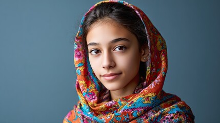 Young girl wearing colorful patterned headscarf