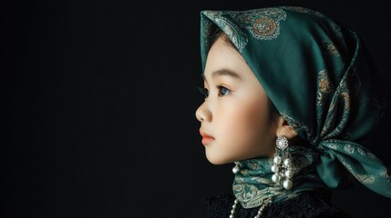 Young girl profile portrait with teal head wrap