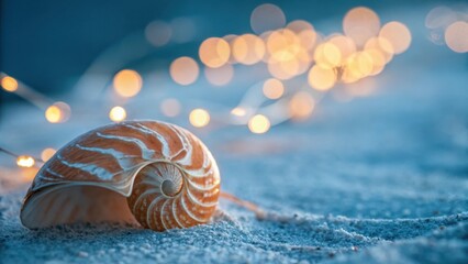A nautilus shell rests on the sand with soft bokeh lights in the background