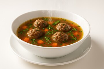 Hearty meatball soup served in a white bowl