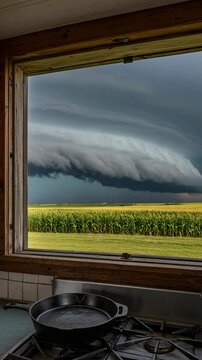 Stormy weather from a kitchen window. A massive shelf cloud from a thunderstorm rolls over a vibrant cornfield, viewed from a rustic farmhouse kitchen.