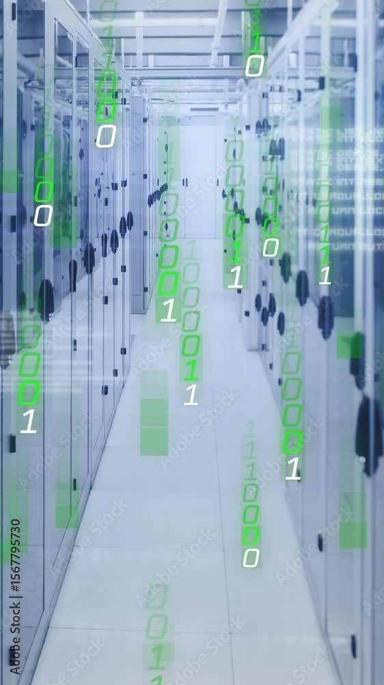 Poster animation of falling binary codes and computer language over server room