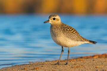 Obraz premium Juvenile American Golden Plover by the lakeside
