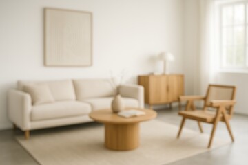 A sleek and contemporary living space with soft-focus background, white walls, polished concrete floors, and stylish furniture that exudes comfort and modernity.