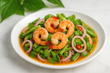 A flavorful seafood salad served on a white dish, showcasing authentic Asian cuisine