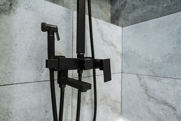 Discover the allure of a Modern Black Shower Faucet seamlessly integrated into a chic Minimalist...