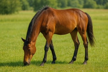 Fototapeta premium A chestnut horse feeding peacefully in a grassy field