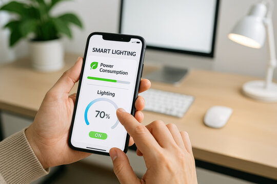 Business person using eco friendly smart lighting app for sustainability and power consumption control in modern office