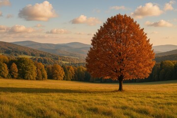 Fototapeta premium A vibrant autumn tree with brown leaves standing in a mountain meadow within a range of rolling hills