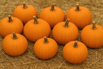 Vivid orange gourds resting on straw for rustic home decor and farm-themed decoration