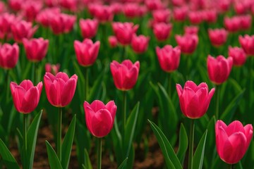 Close-up of vibrant pink tulips blooming at a park during the annual Tulip Festival