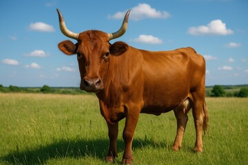 Summer pasture scene featuring a brown cow with prominent horns in a natural setting. Focus on the composition.