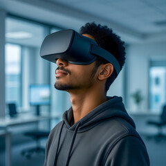 Obraz premium Man Using VR Headset in Modern Office Environment for Immersive Experience