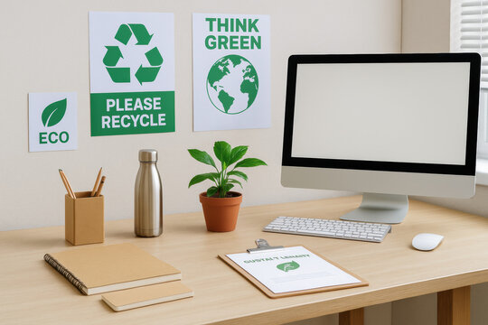 Eco friendly business workspace with sustainability posters, reusable bottle, plant, and computer on wooden desk promoting green office habits