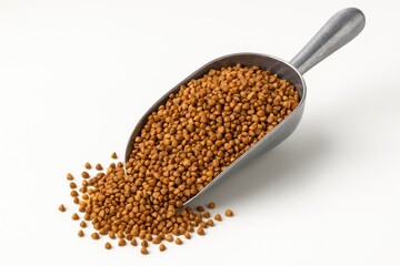 Metallic scoop filled with buckwheat against a white backdrop