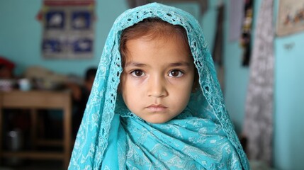 Young girl wearing teal headscarf portrait