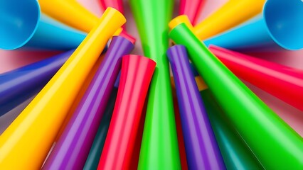 Colorful party horns arranged in a vibrant pattern, evoking festive celebration and joy.