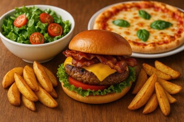 Delicious burger with crispy potatoes and fresh salad