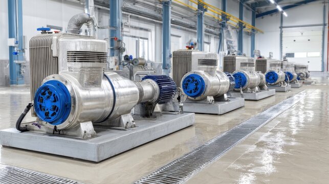 Industrial-grade booster pumps lined up in a clean facility with concrete floor
