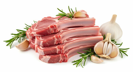 Isolated image of raw lamb chops stacked neatly with rosemary and garlic cloves on a white background.