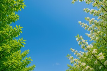 Fototapeta premium Clear blue sky above lush green foliage and blooming branches on a sunny day