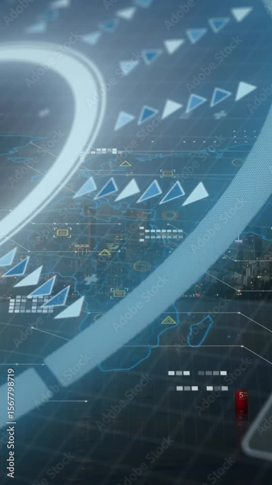 Poster Animation of network of connections with icons over pattern and data processing