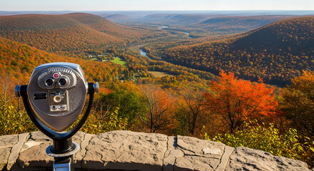 Scenic Vista Point with Metal Viewer Overlooking Colorful Autumn Valley