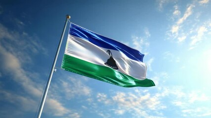 The flag of Lesotho waves in the wind, symbolizing national pride on Independence Day, with a clear blue sky in the background.