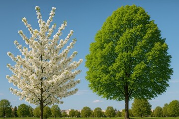 Obraz premium Blooming tree with lush green foliage set against the sky