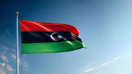 The flag of Libya flutters gracefully, symbolizing national pride during the independence day festivities, set against a vibrant sky.