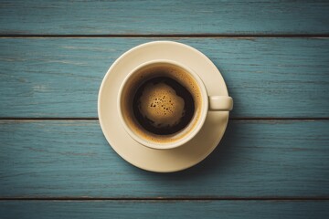 Overhead shot of a coffee mug on a navy wooden surface with a retro filter effect