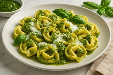 Delicious pasta filled with basil pesto and creamy cheese sauce