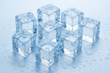 Obraz premium Cluster of clear ice cubes on a white surface with water droplets