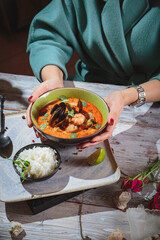 different soup with meat and seafood