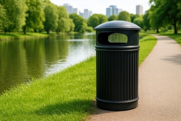 Obraz premium Litter bin beside the walkway in the green space