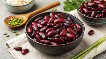 Red Kidney Beans in a Bowl on a Table, with Green Lentils and Cooking Ingredients for Healthy Recipes, Nutrition Blogs, Dietary Content, and Food Awareness  