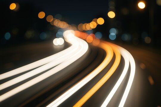 Nighttime cityscape with glowing headlight streaks and blurred urban lights - Powered by Adobe