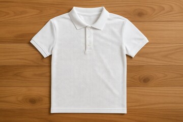 Detailed overhead shot of a men's polo shirt on a wooden surface