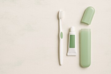 Portable oral hygiene kit including toothbrush and toothpaste in a compact case on vibrant textured surface. Dentist-inspired design. Flat lay with empty space for customization.