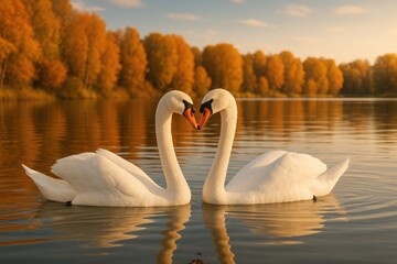Autumn scene with elegant swans gliding across a tranquil lake