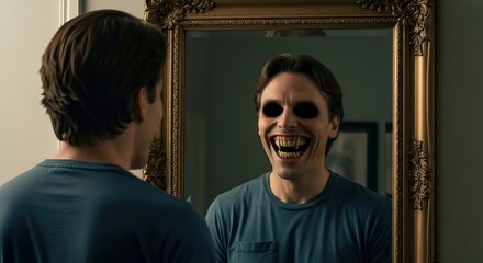 Creepy Man with Empty Eyes Laughing in Mirror | Horror Concept for Halloween, Mental Health Illustration, and Thriller Movie Posters